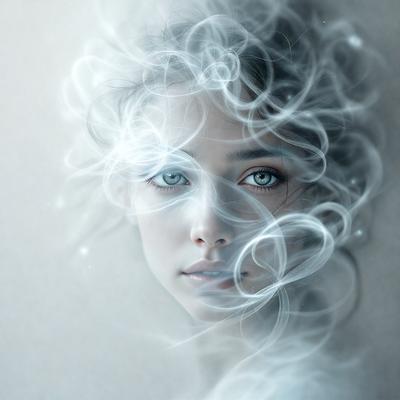 The primary subject of the image is a woman with blue eyes, who is the main focus of the scene. She is surrounded by a cloudy, smoky atmosphere, which creates a somewhat mysterious and dreamy visual style. The woman appears to be looking at the viewer, and her eyes are the most prominent feature in the image. The setting or background is a white wall, which contrasts with the woman's appearance and adds to the overall mood of the image.